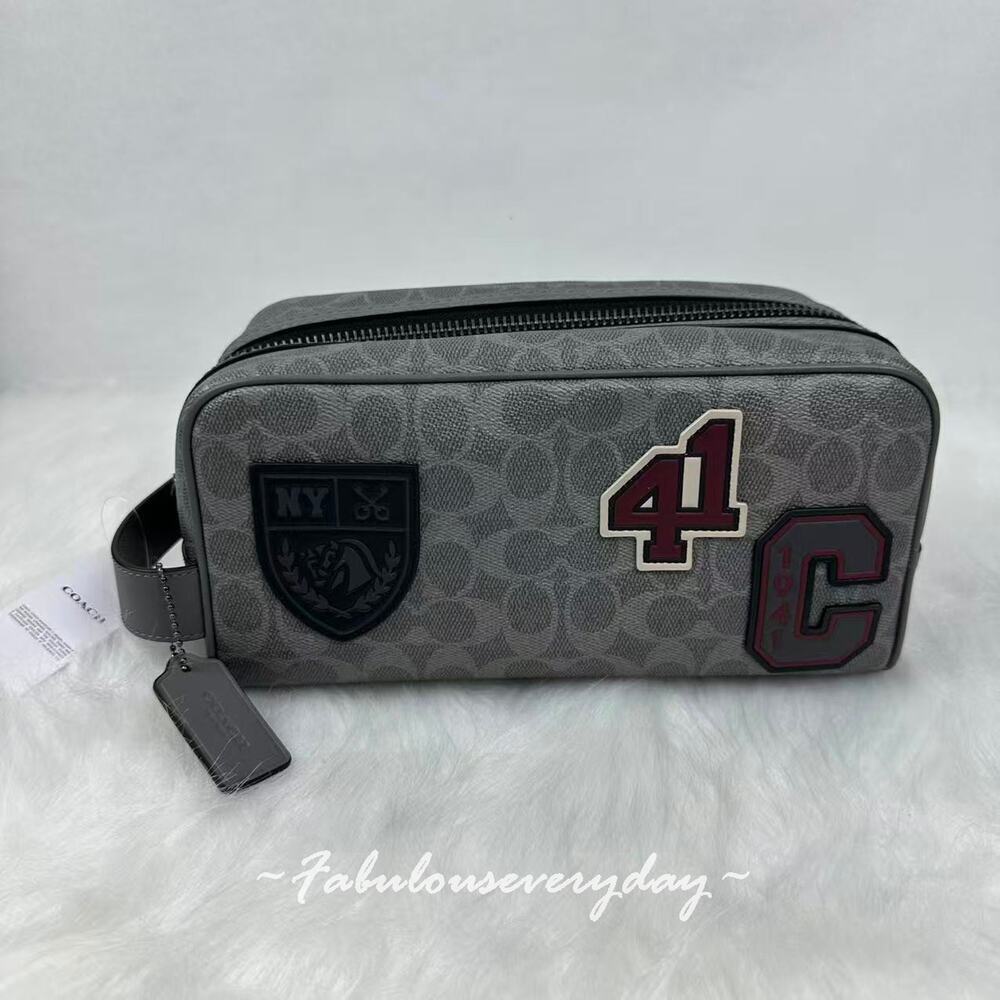 Coach Men's Large Travel Kit In Signature Canvas With Patches In Grey CCF36 NWT